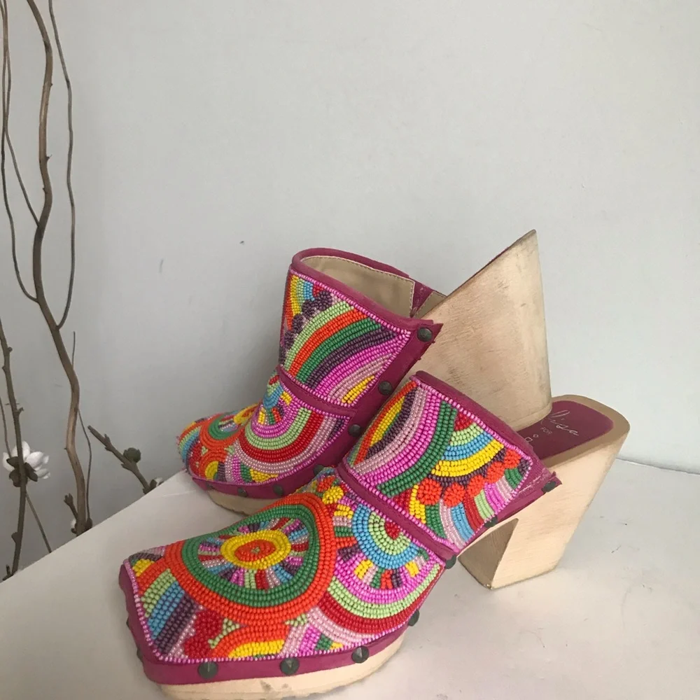 Lisa for Donald J. Pliner Exquisite Hand-Beaded Multicolor Platform Clogs
